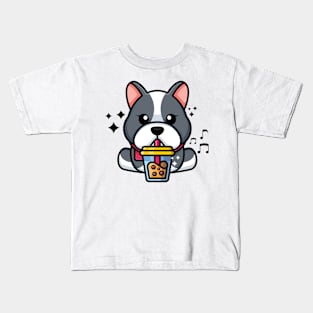 Cute bulldog drinking boba milk tea cartoon Kids T-Shirt